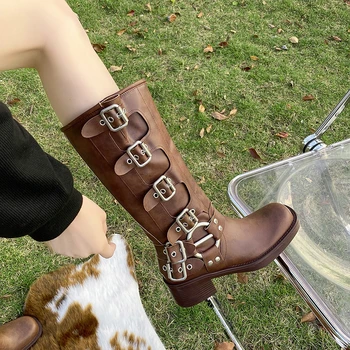 Женские ботинки на массивном каблуке в стиле ретро-панк, осень-зима, удобная обувь для ходьбы с пряжкой, байкерские ботинки на нескользящей толстой подошве, 2023 г. 1