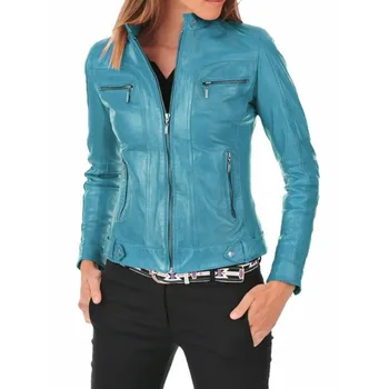 Женская кожаная куртка из 100% овечьей кожи, байкерская бирюзово-синяя куртка Европейских и американских модных тенденций 1