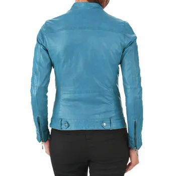 Женская кожаная куртка из 100% овечьей кожи, байкерская бирюзово-синяя куртка Европейских и американских модных тенденций 2