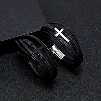 Многослойный Кожаный плетеный браслет Корейская версия Гладкая магнитная пряжка Крест Мужской ювелирный браслет из искусственной кожи 2