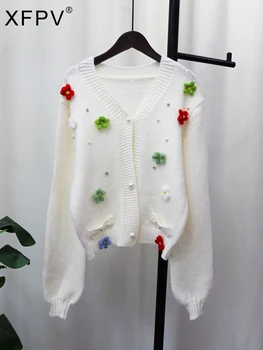 XFPV Street 3D Цветочные бусины для ногтей Вязаный кардиган, куртка, пальто, Свободный свитер, топ, женская Новая Корейская мода, осень-зима 2023 г. 1