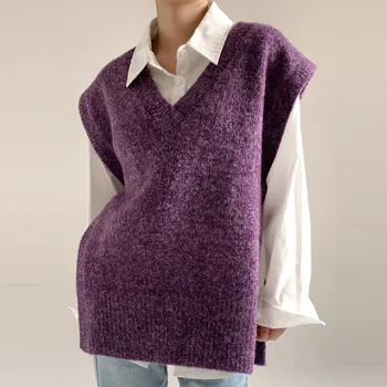 Шерстяной Вязаный жилет, куртка, фиолетовое пальто с V-образным воротником, модный свитер в свободном и ленивом стиле, пальто 2